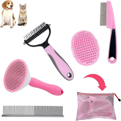 Dog Brush Grooming Kit 5PCS - Dog Brush for Shedding,Puppy Brush and Flea Comb for Dogs, Slicker Brush Comb and Dog Hair Brush Set Blue, Grooming at Home or Travel