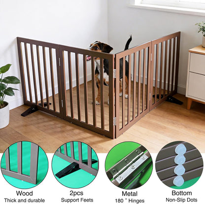 ZJSF Freestanding Indoor Dog Gate for House Foldable Wood Puppy Gate for Doorways Pet Gate for Stairs Extra Wide Pet Fence, Brown, 24" Height 3 Panels