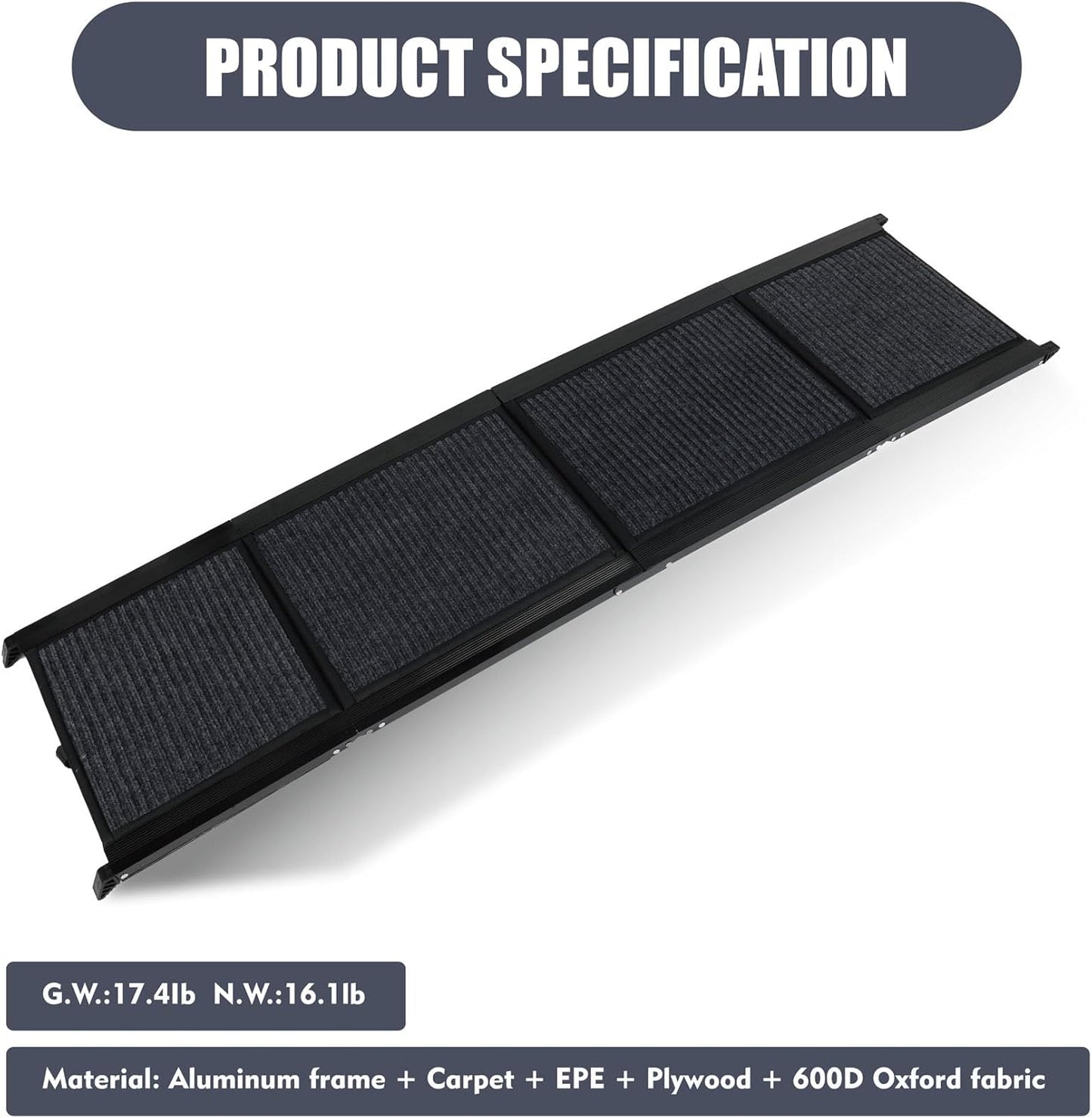 Dog Ramp for Car, Folding Dog Ramp for Large Dogs up to 250 lbs, Portable Dog Ramp for Truck, SUV & High Bed, Non-Slip Surface, Easy to Carry, Black (65" x 17.2")