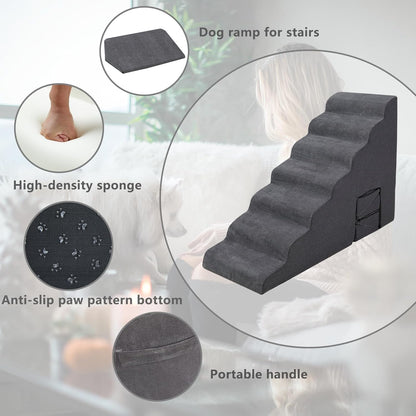 Dog Stairs for High Beds 30-36 inches Tall, 6-Step Dog Steps for Bed 32-36 inches for Small Large Dogs, Doggie Ramp for Bed, 30D Foam Pet Stairs for Old Dogs/Cats, Free-Installation, Grey