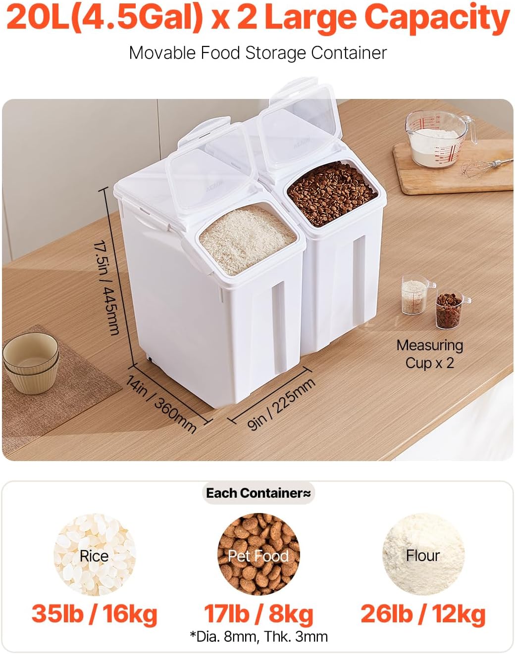 VEVOR Rice Storage Container, 4.5Gallon/20L Capacity Large Dog Food Dispenser Bin, Kitchen Ingredient Grain Cereal Flour Bin, Pet food Containers with Wheels, Measuring Cup, Airtight Lid, 1 Pack
