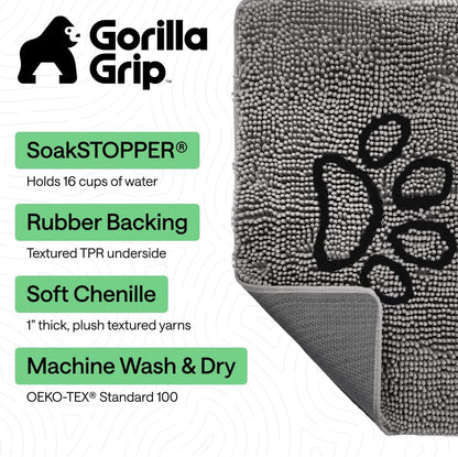 GORILLA GRIP SoakSTOPPER Dog Door Mat, 30x20 Machine Washable Rug Absorbent Doormat Captures Moisture Mud Dirt, Quick Dry Soft Chenille Entryway Rugs Indoor Entrance Mats for Dog Paws, Paw Grey