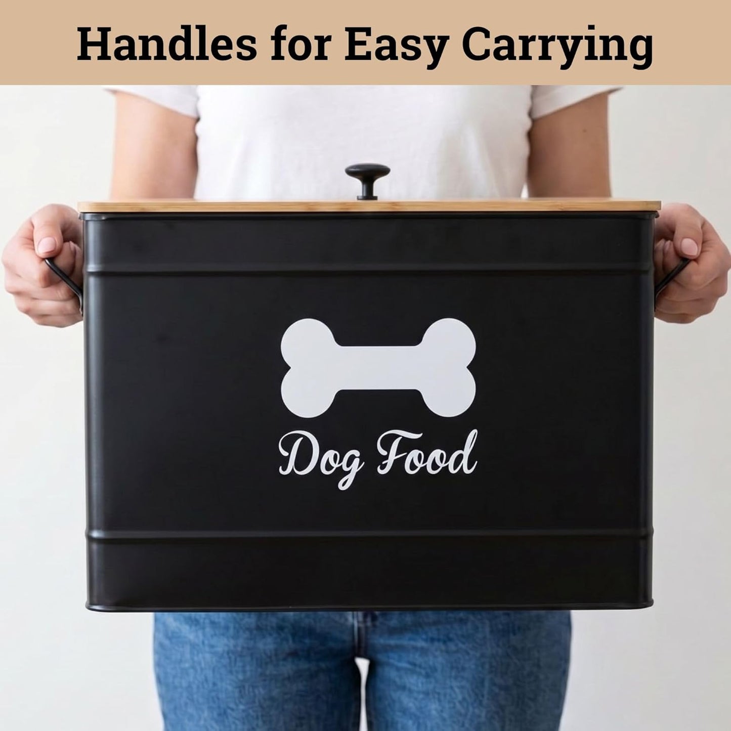 Dog Food Container Airtight 15-20 lb (70 Cup) Capacity with Metal Scoop - Cute Airtight Dog Food Storage Container with Bamboo Lid - Black Metal Kibble Storage Bin for Dogs up to 100 lbs - Big Pet Jar