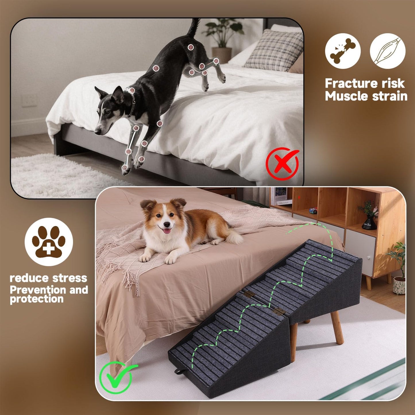 17.13" H Dog Stairs for Small Dogs, 2-in-1 Pet Steps & Ottoman - Foldable Dog Stairs for Couch, Non-Slip Wooden Pet Stairs for Puppy Senior Injured Dogs