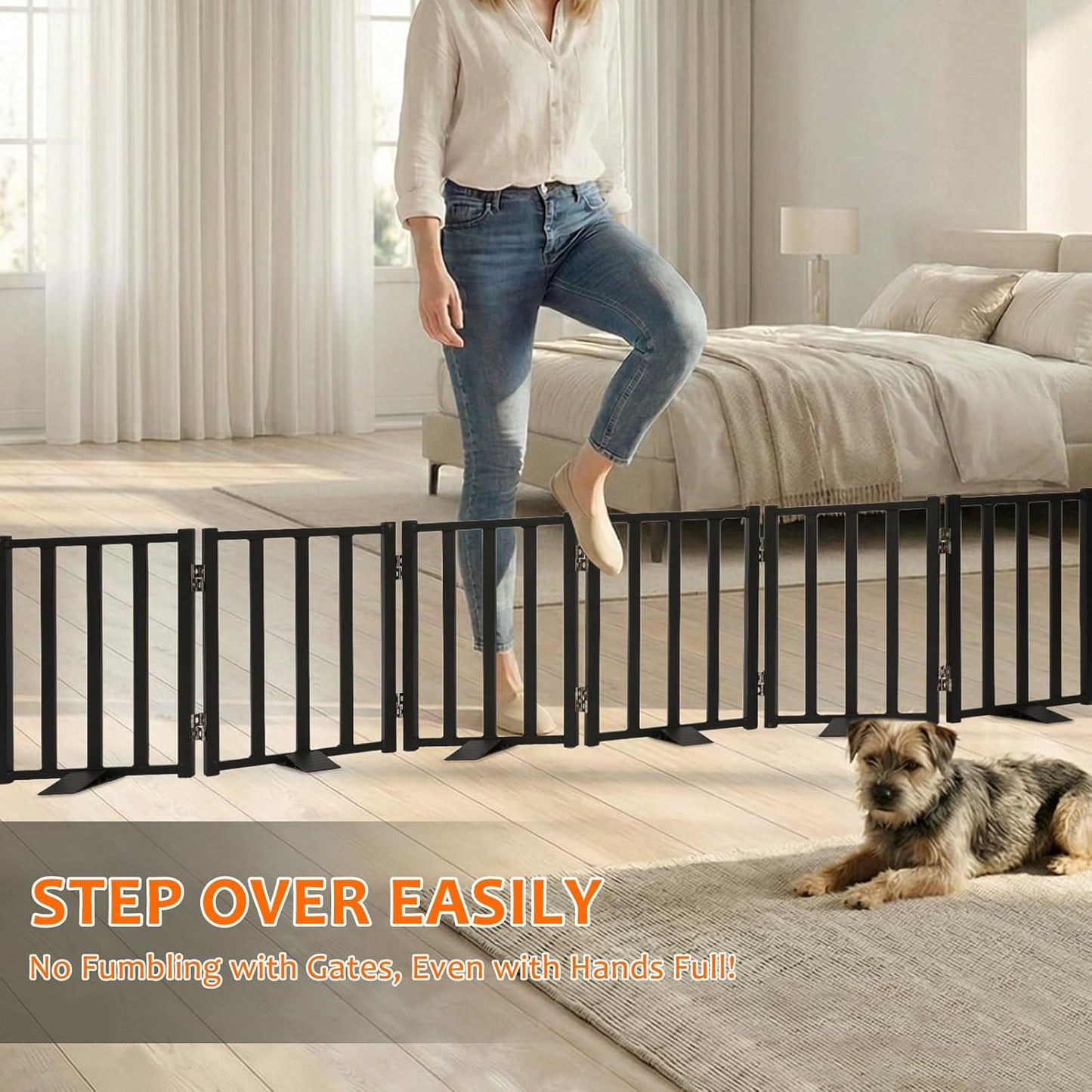 Snagle Paw Short Dog Gate,16.5" Tall Freestanding Metal Dog Gate Only for Small Dogs with Support Feet Easily Step Over,Up to 48" Wide Puppy Gate Indoor for Stairs,Doorways(Black,4 Panel)