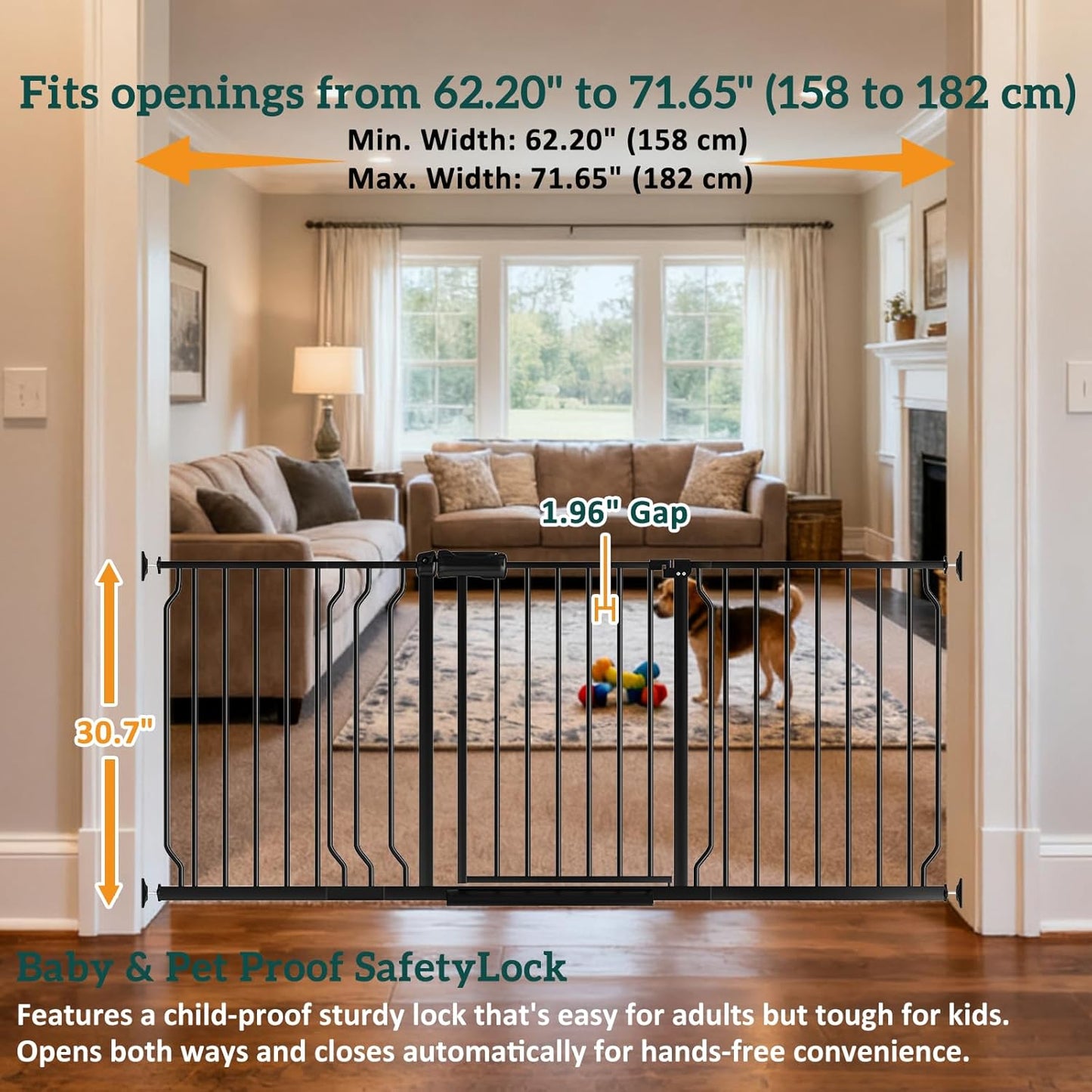 Extra Wide Baby Gates for Doorways 71.65"-85.82" Extra Wide Baby Gate Dog gate Pressure Mounted No Drilling with Walk-Through, Auto-Close & Dual-Direction Swing for Large Wide Opening Black