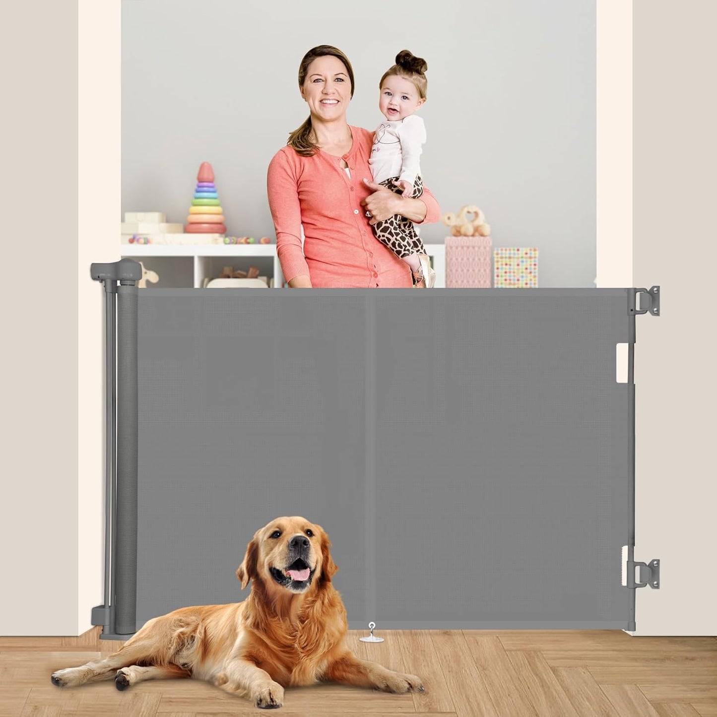 Miumoon 150 inch Retractable Baby Gates 42 inch Tall, Retractable Gate with Reinforced Strip Design to Prevent Crawling Through, 12 FT Extra Wide Retractable Dog Gate for Indoor/Outdoor