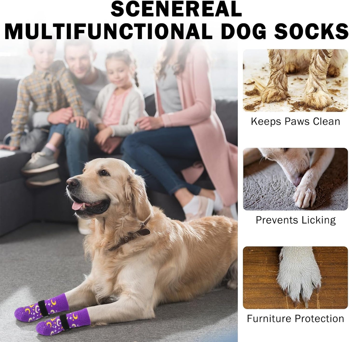 SCENEREAL 6Pcs Anti Slip Dog Socks to Prevent Licking Paws for Hot/Cold Pavement, Dog Grippy Socks for Hardwood Floors, Dog Shoes for Boots & Paw Protectors for Puppy Small Medium Large Senior Dogs
