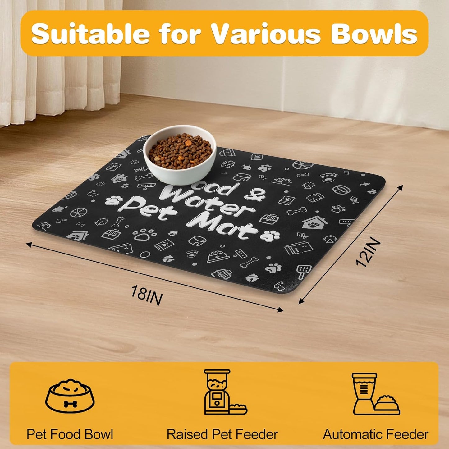 Pet Feeding Mat,Dog Cat Mat for Food and Water,Dog Bowl Waterproof Placemat with Rubber Backing,Absorbent Quick Dry Water Dispenser Mat for Pet（Dark Gray 12"×18"）