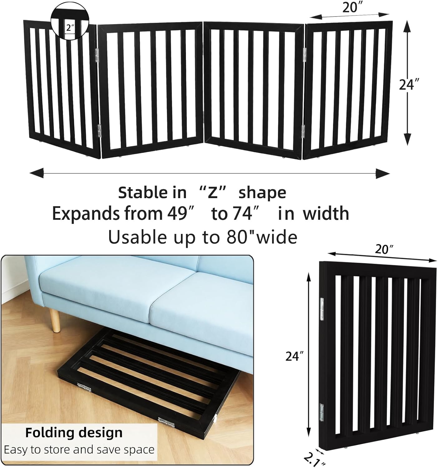Dog Gate Indoor, Freestanding Dog Fence for The House, Doorways, Hallways,or Stairs,Pet Gate Foldable Wooden,Expandable 24" Height 3 Panels,White