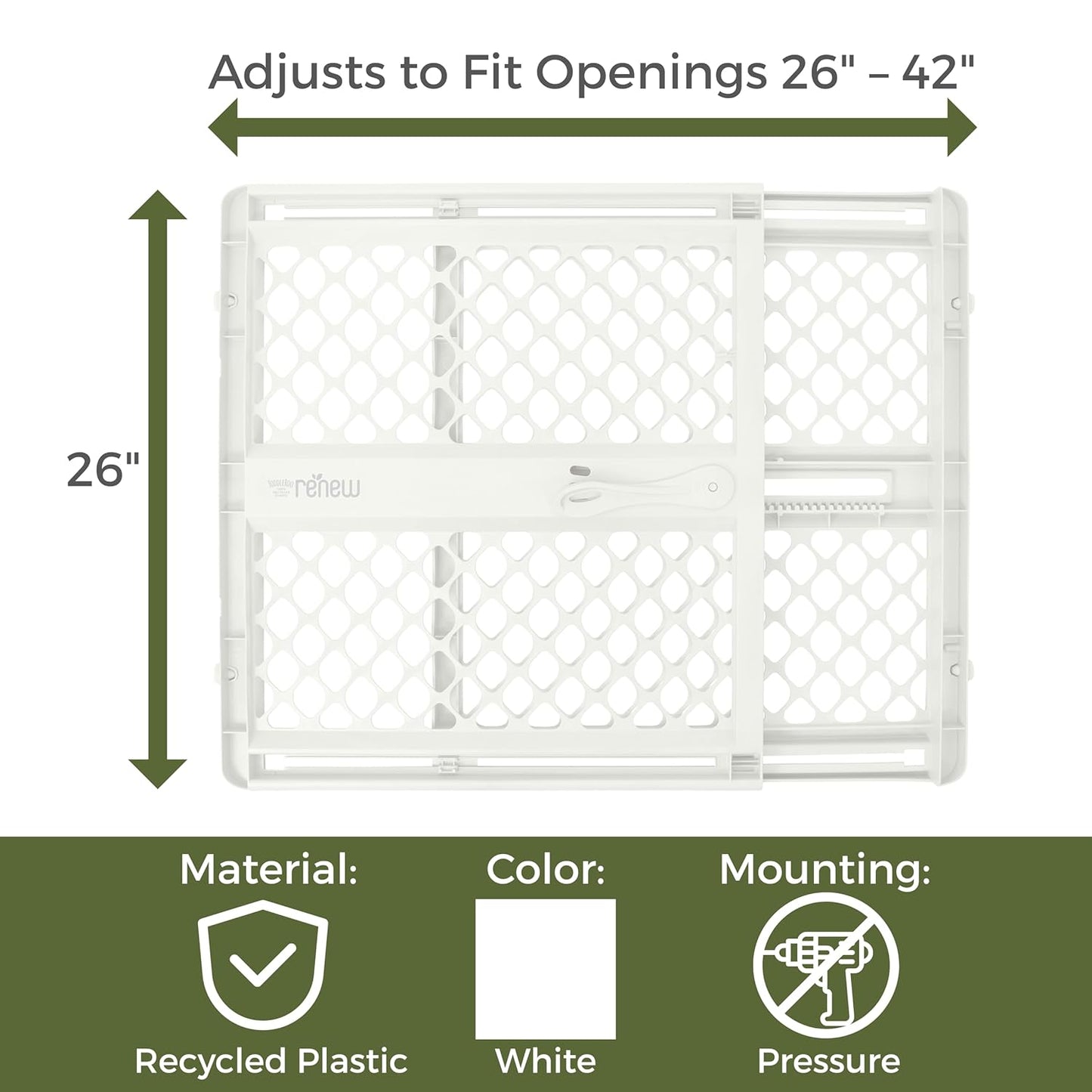 Toddleroo by North States - Renew 100% Recycled Plastic Baby Gate for Doorway; Sturdy for Indoor & Outdoor Use: Pressure Mounted, No Drill Gate; Made in USA; 26" to 42" Wide, 26" Tall; Pure White