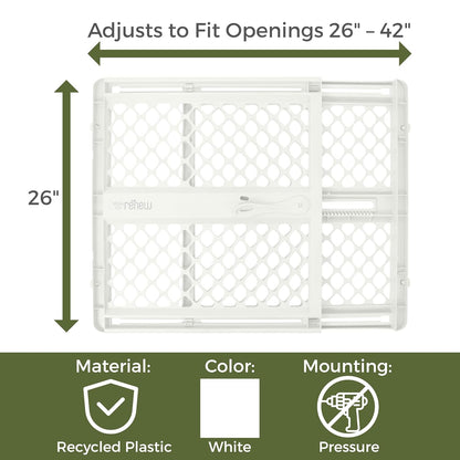 Toddleroo by North States - Renew 100% Recycled Plastic Baby Gate for Doorway; Sturdy for Indoor & Outdoor Use: Pressure Mounted, No Drill Gate; Made in USA; 26" to 42" Wide, 26" Tall; Pure White