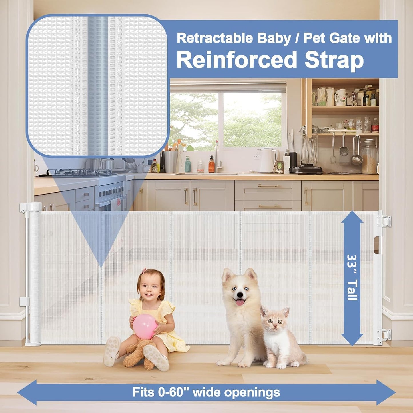 Reinforced 90 Inch Retractable Baby Gates Extra Wide Baby Gate with Reinforced Strips, 7.5ft Long Retractable Dog Gate for The House 33 Inch Tall Extra Long Pet Gates for Wide Openings, Black