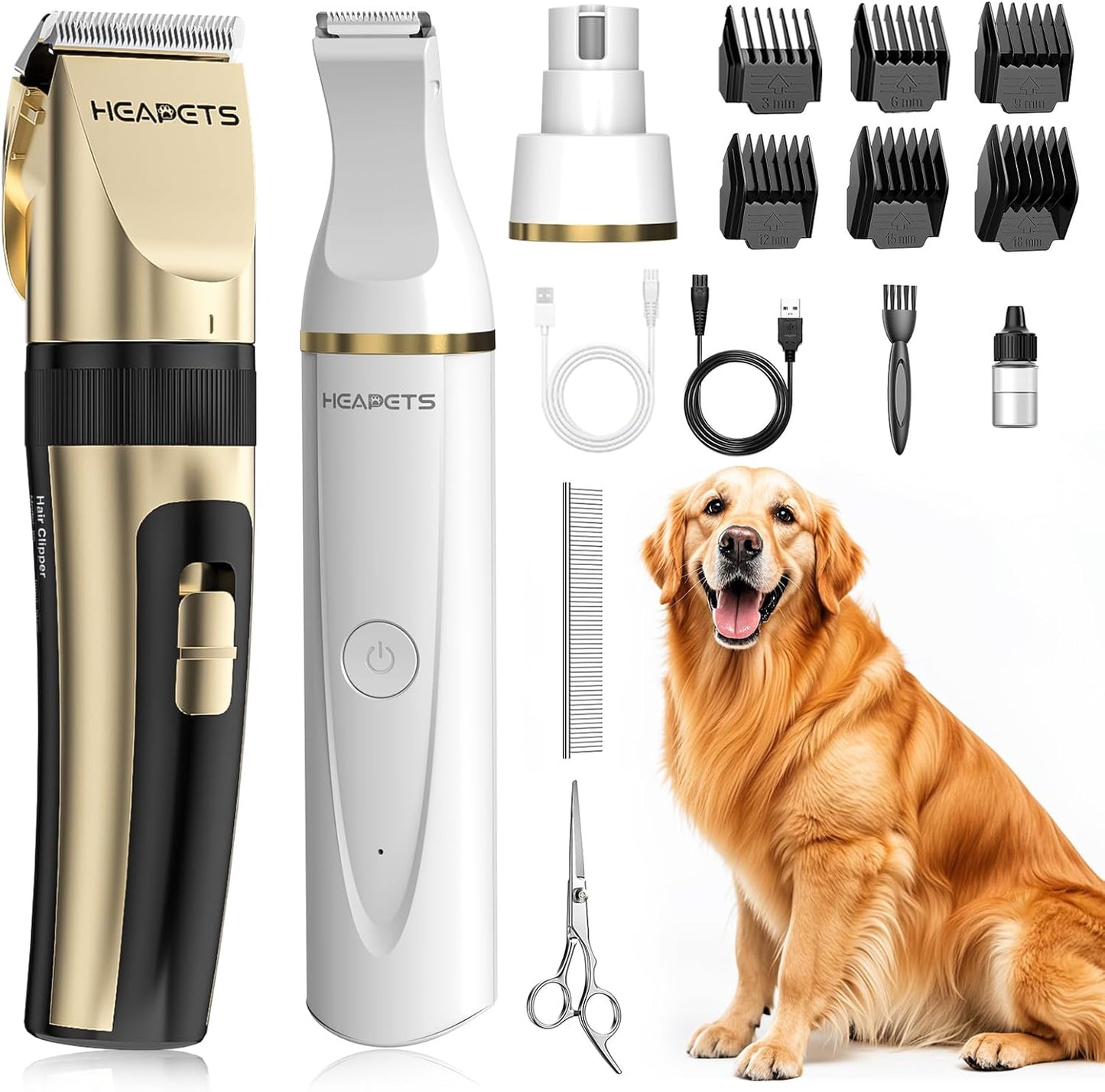 HEAPETS Dog Hair Clippers for Grooming Kit and Dog Paw Trimmer Nail Grinder for Grooming, Low Noise Rechargeable Cordless, Shaver Grooming Supplies for Pet Cats Dogs (Black, White)