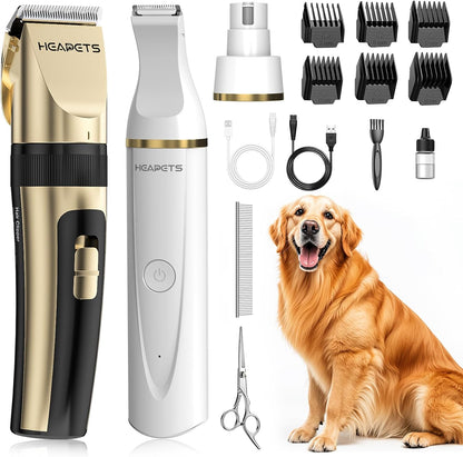 HEAPETS Dog Hair Clippers for Grooming Kit and Dog Paw Trimmer Nail Grinder for Grooming, Low Noise Rechargeable Cordless, Shaver Grooming Supplies for Pet Cats Dogs (Black, White)