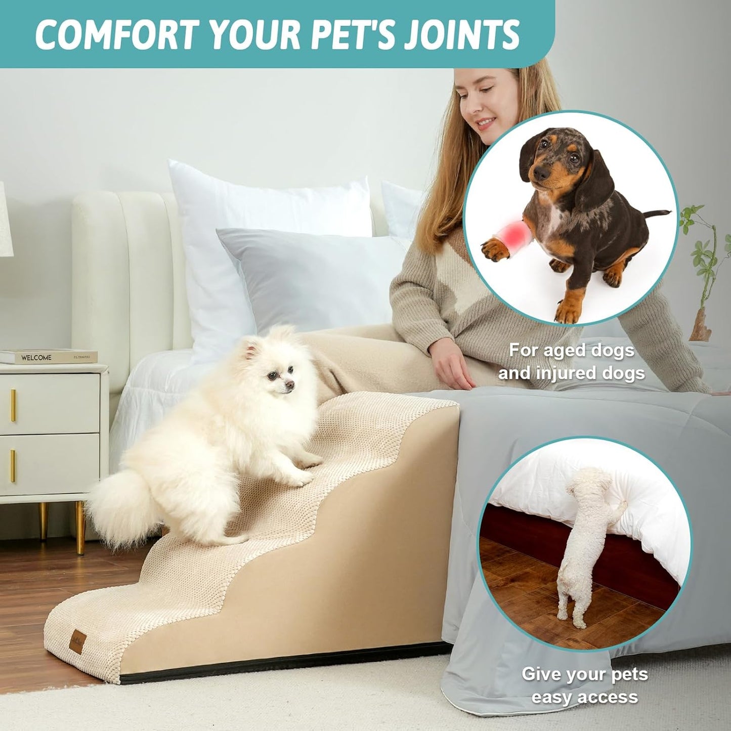 COZY KISS Dog Stairs for Small Dogs 15.7" H, Curved Dog Step for Puppy, Older Cat, Medium Pet Ramp for Sofa, Couch or Chair, Ladder with High Density Foam, 3 Step, 15.7x22.4x15.7 inch, Beige