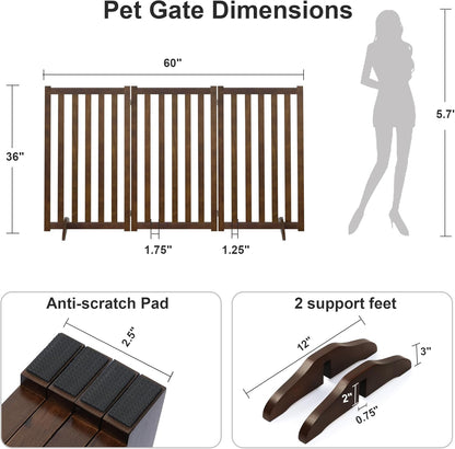 36" Height Extra Tall Freestanding Pet Gate, Solid Wood Folding Safety Fence Wooden Dog Gate with 2 PCs Support Feet Ideal for Stairs, Doorways, Halls, Kitchens, Heavy Duty Gates, 3 Panels, Oak