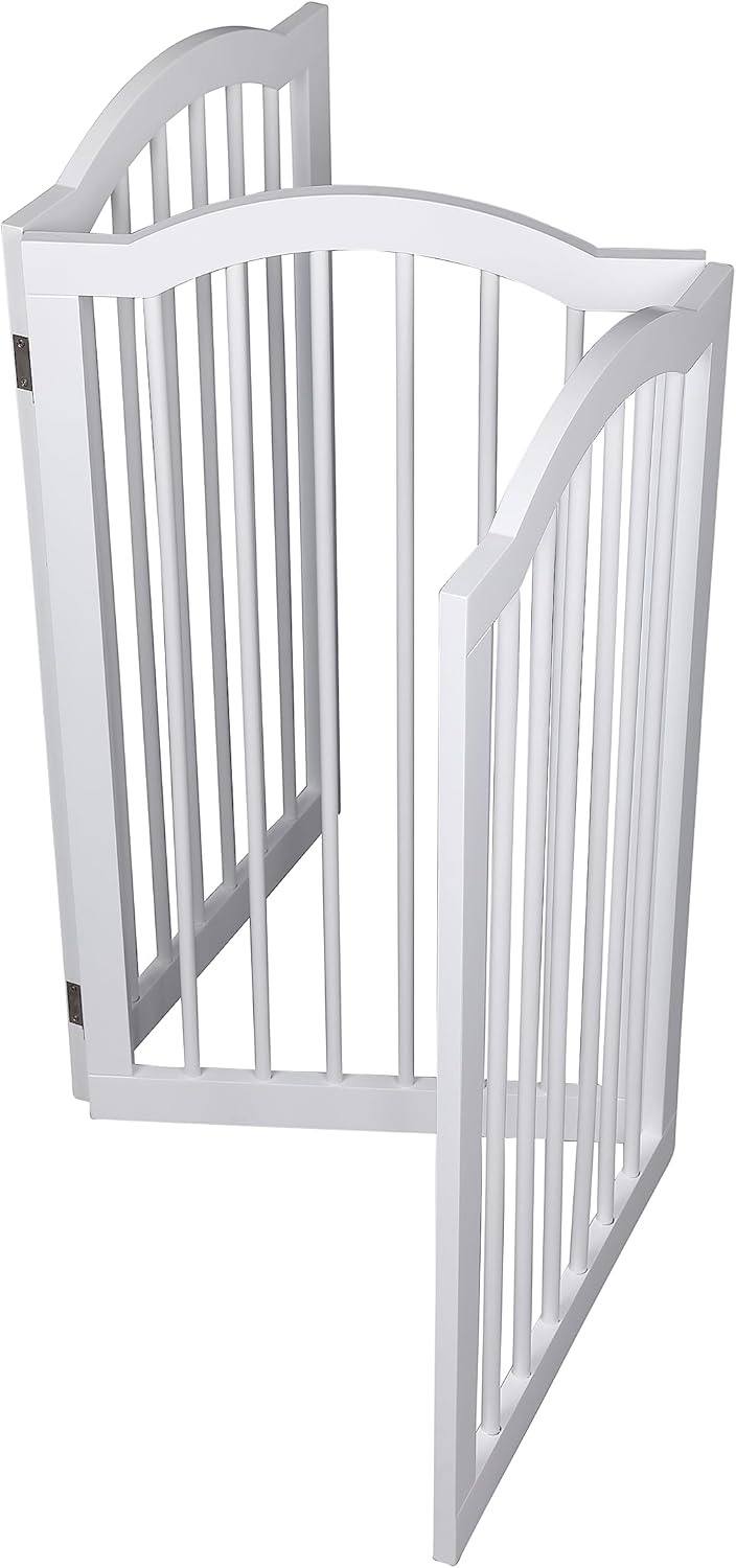 INTERNET'S BEST Arched Top Dog Gate | 4 Panel, 24" H Wooden Pet Barrier for Dogs or Cats | Freestanding Folding Room Divider for Doorways, Hallways, Stairs, and Porch | Portable, Extra Wide | Espresso