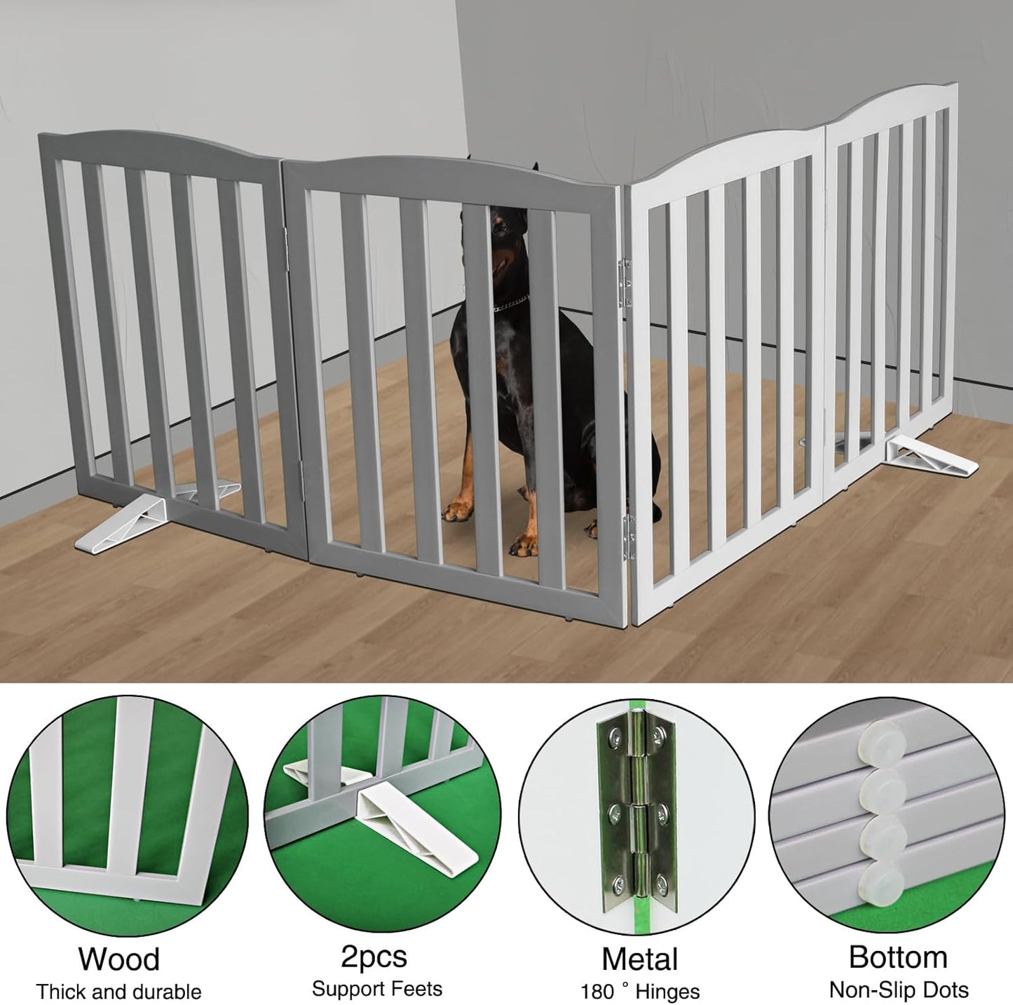 Freestanding Dog Gate Indoor,Doggie Gate Foldable Pet Gates for Doorways,Stairs or Hallways, Wooden Brown Pet Gate for the House, Pet Fence with Support Feet Included,24 "Height-3 Panels