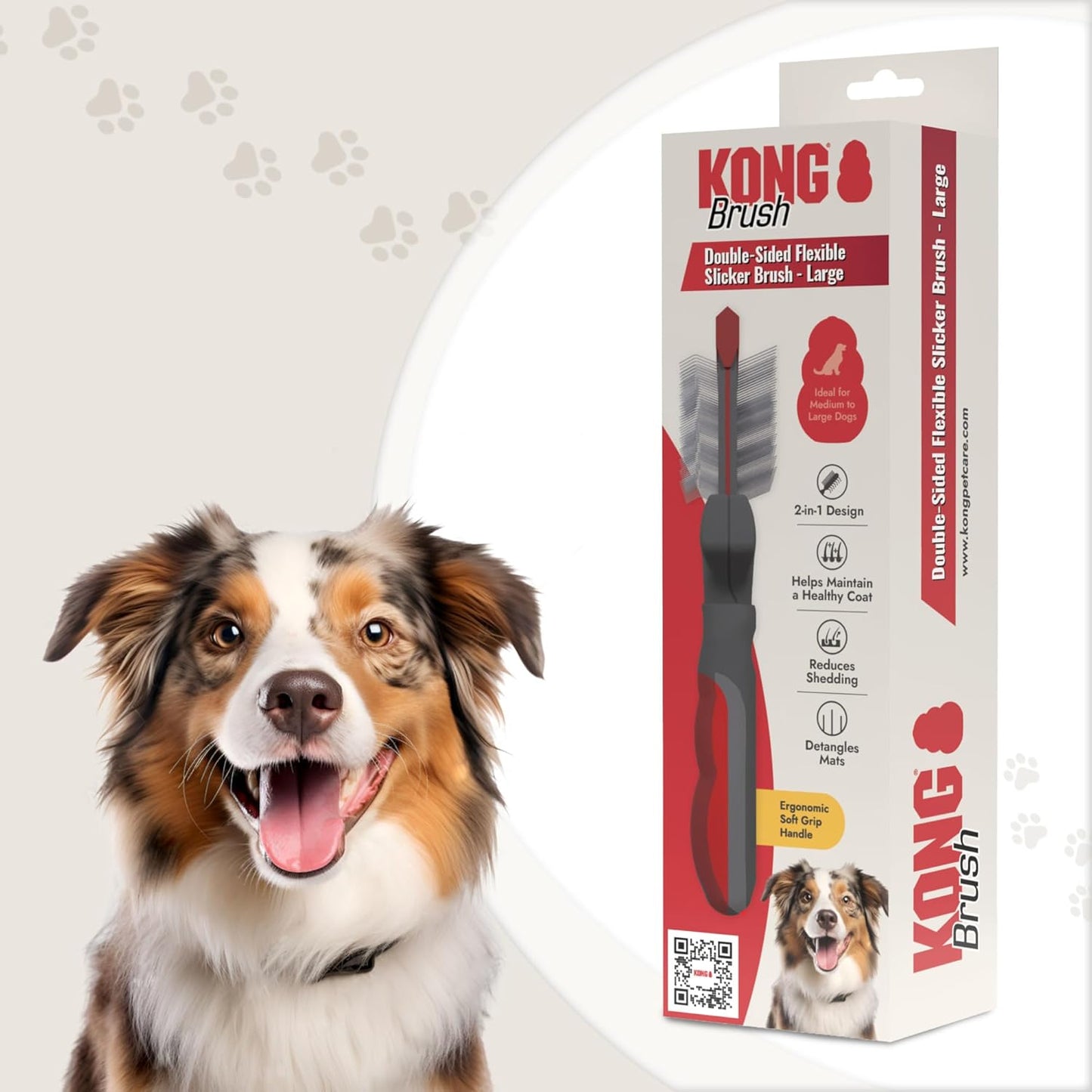 KONG Double-Sided Rake & Deshedding Tool – Detangling & Shedding Control, Rounded Metal Tips, Non-Slip Grip, for Medium to Large Dogs with Medium to Long Coats, Red/Gray