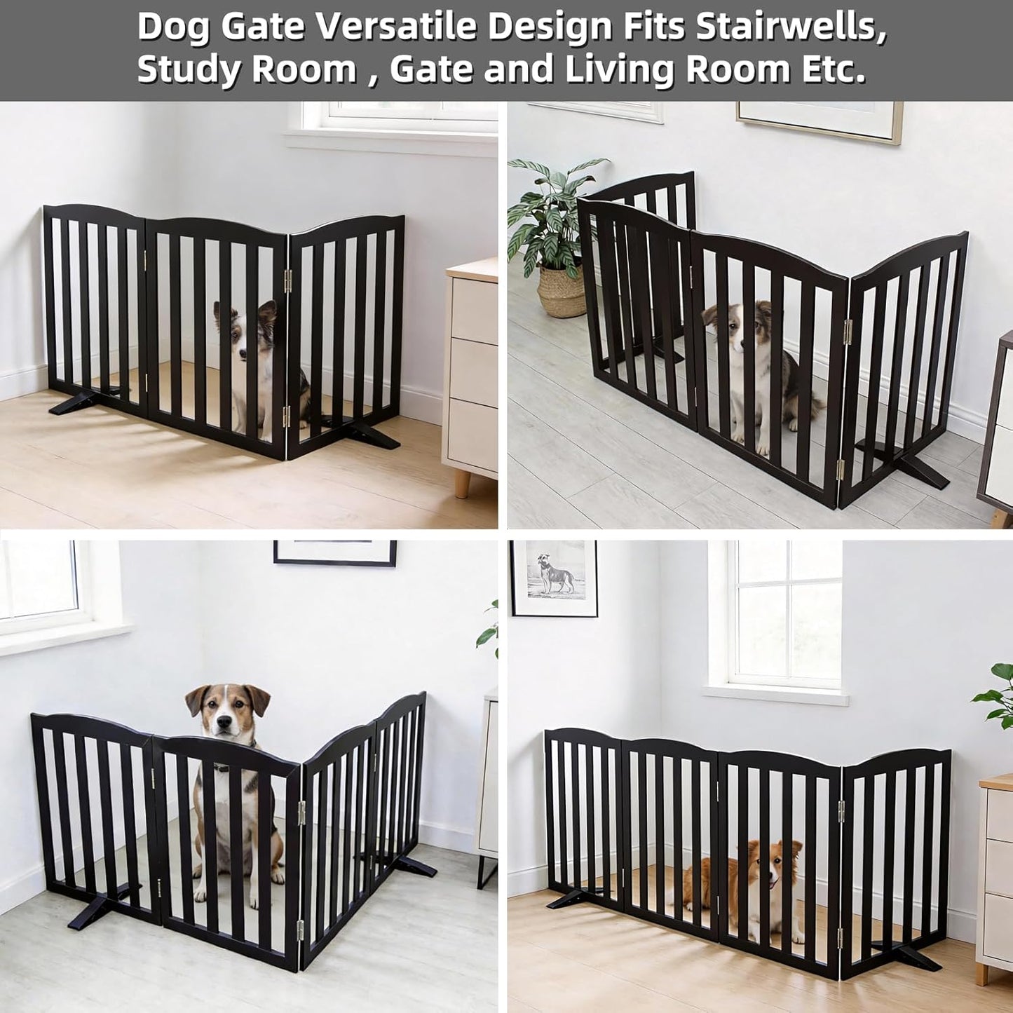 Freestanding Dog Gate Indoor,Doggie Gate Foldable Dog Gates for Doorways,Stairs or Hallways, Wooden White Pet Gate for the House, Pet Fence with Support Feet Included,24 "Height-4 Panels