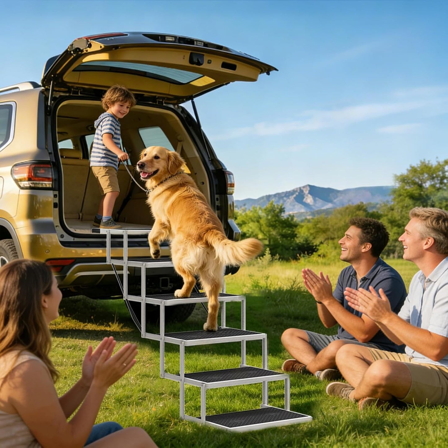 Dog Steps for Car & SUV – 5-Step Foldable Pet Stairs for Large Dogs, Non-Slip Heavy-Duty Plastic Dog Stairs, Lightweight & Portable Vehicle Access, Great Alternative to Dog Ramp for Truck