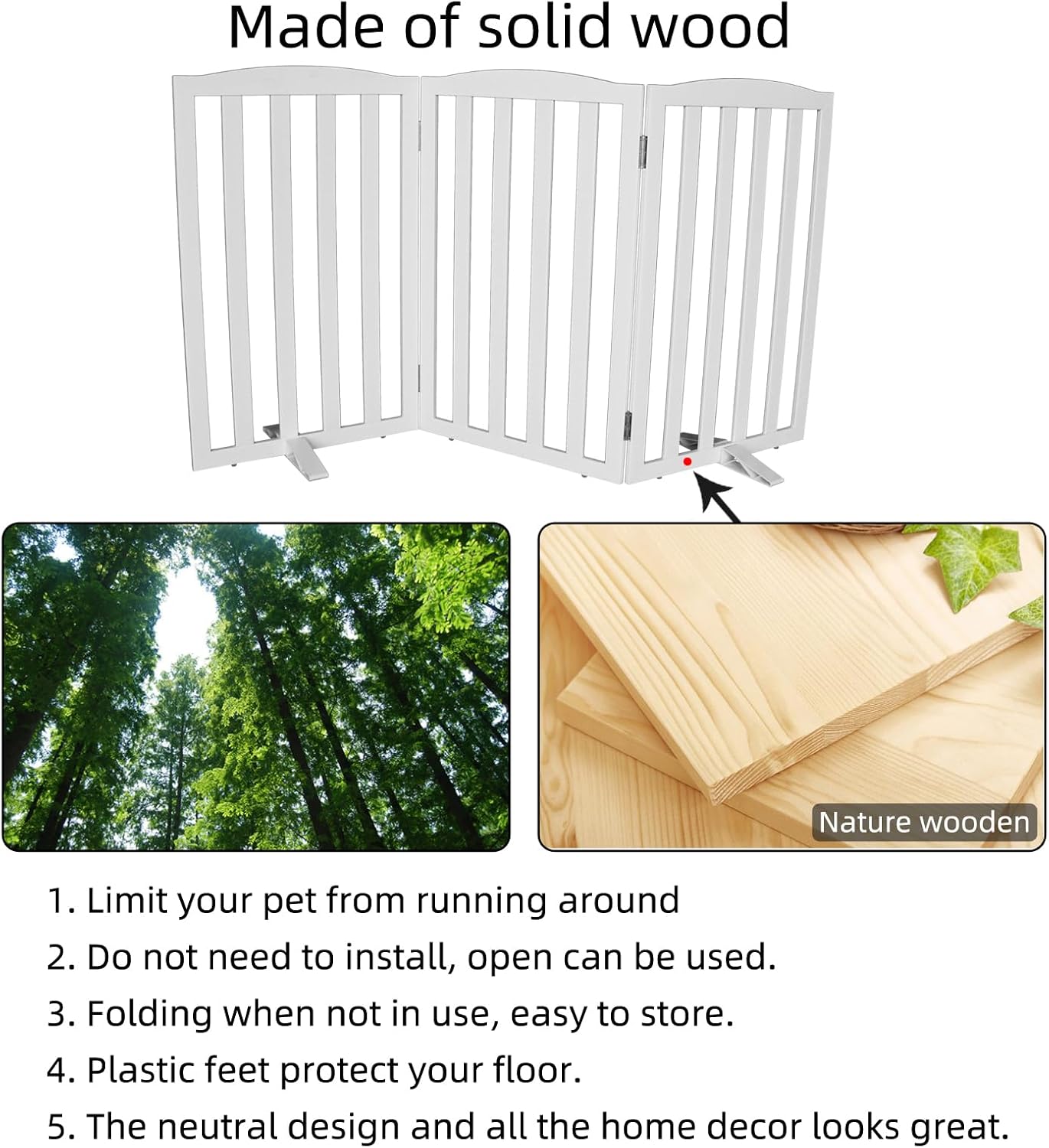 ZJSF Foldable Freestanding Indoor Dog Gate for House Wood White Long Pet Gates Dog Fence for Stairs Puppy Gates for Hallways,Pet Fence, Puppy Gate,Support Feet Included 24 "Height-3 Panels