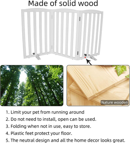 ZJSF Foldable Freestanding Indoor Dog Gate for House Wood White Long Pet Gates Dog Fence for Stairs Puppy Gates for Hallways,Pet Fence, Puppy Gate,Support Feet Included 24 "Height-3 Panels