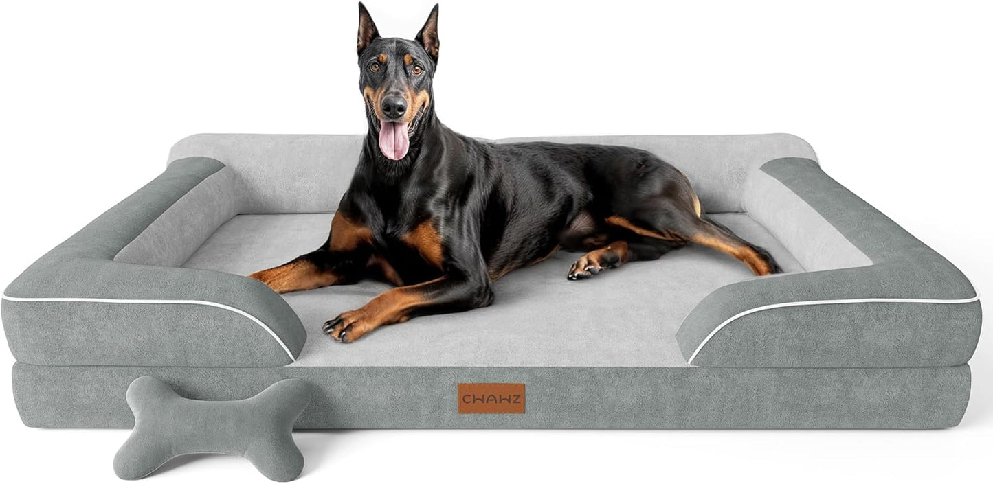 CWAWZ Extra Large Dog Bed, Orthopedic Dog Bed with Cooling Gel Memory Foam, Waterproof XL Pet Bed with Removable Washable Cover, 42" Pet Sofa Couch Dutch Velvet with Bone Toy, Light Gray