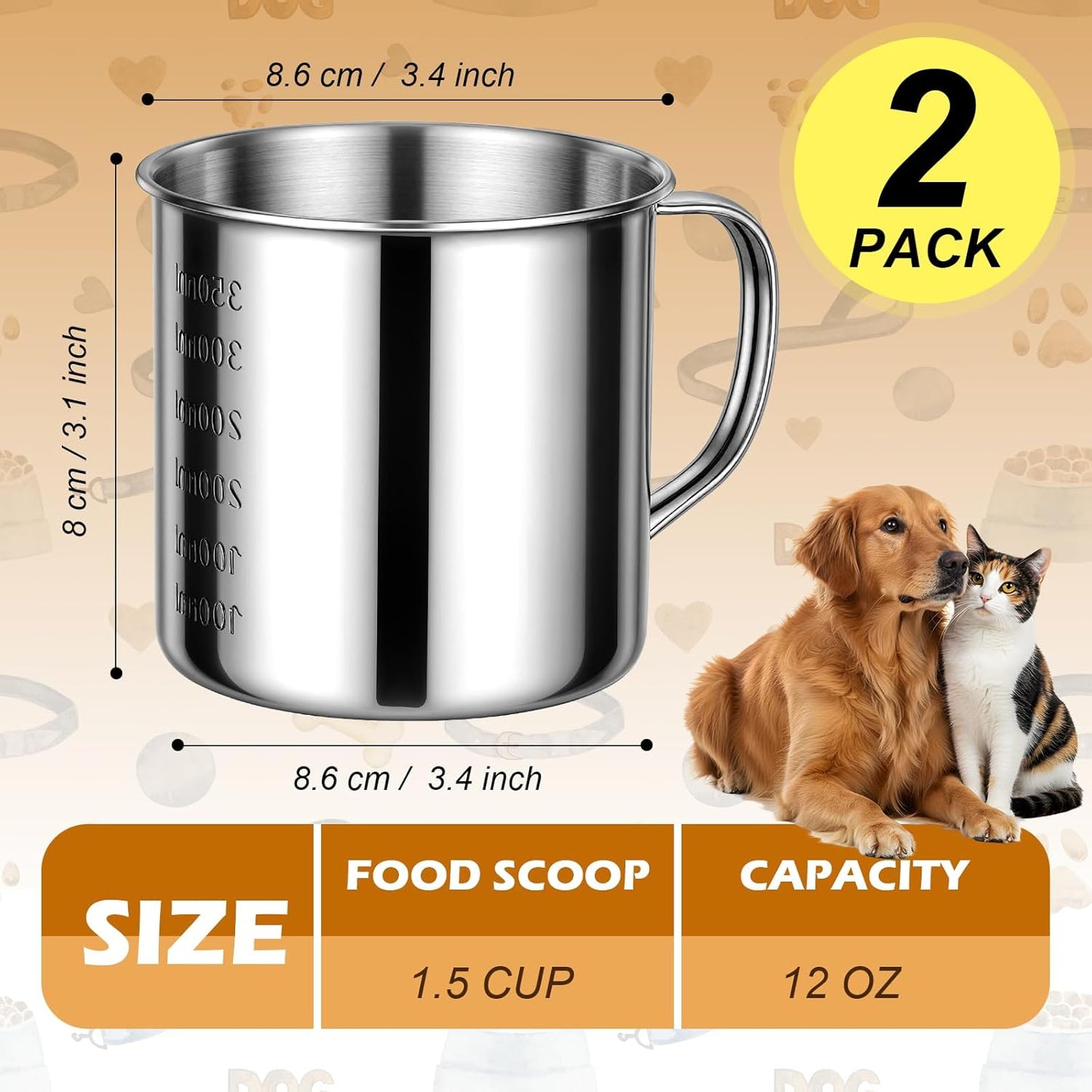 2 Pcs Dog Food Scoop 1 Cup,304 Stainless Steel Measuring Cups with Handle Pet Food Scoop Cup Measuring Scoop for Dogs, Cats, Birds & Rabbits – Ideal for Dry Food & Treats (1 CUP)