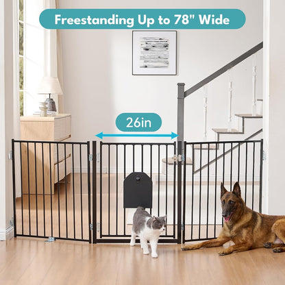 No Pawblems Dog Gate with Cat Door, Free Standing 30'' Tall Foldable Dog Fence for Indoor & Outdoor, Up to 156 Inch Extra Wide Puppy Gate for Stairs, Hallways, Doorways, Deck, Yard (Black, 6 Panels)