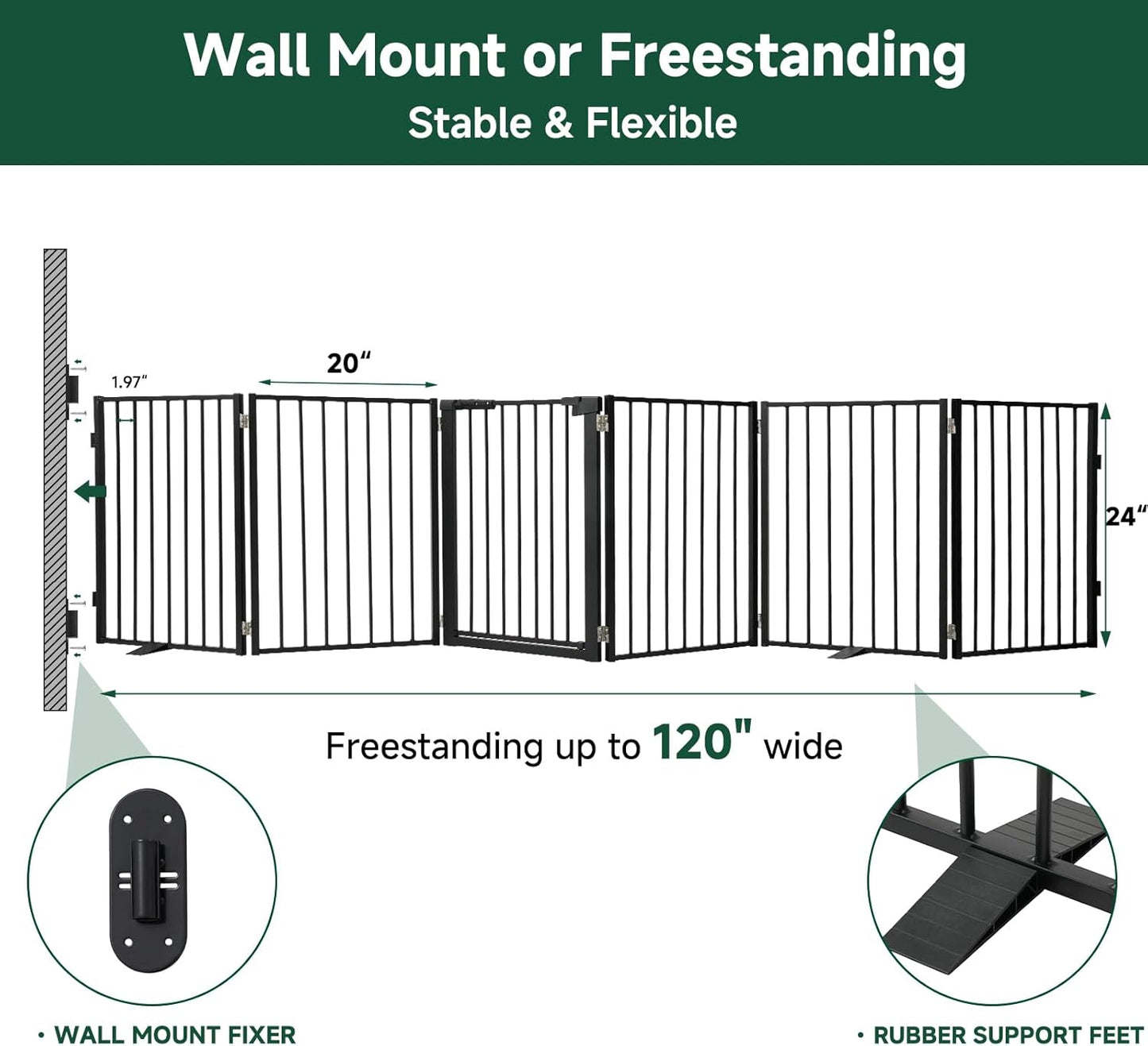 Snagle Paw Full Metal Freestanding Dog Gate,Indoor Dog Gate with Floor Protect Support Feet, 40x24 Inches Foldable Dogs Barrier for Stairs, Hallways and Doorways (24'' H 2 Panel, White