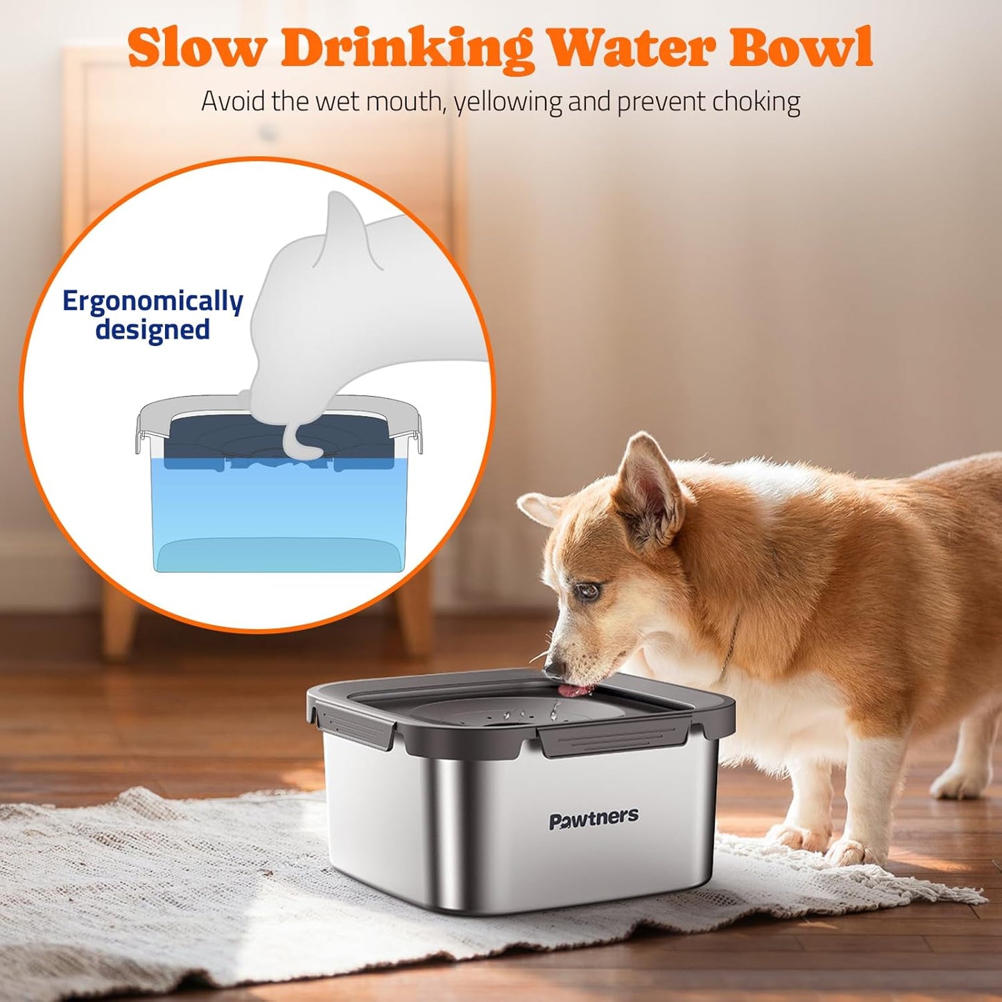 Pawtners All Stainless Steel Dog Water Bowl No Spill,135oz Anti-Splash Dog Bowl with Non-Slip Base, Spill Proof for Medium Large Messy Drinkers, Slow Drinking, Slobber Stopper,Easy to Clean