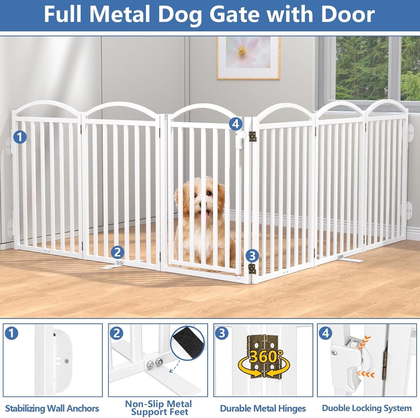 Malier Metal Freestanding Dog Gate, 32'' Height Outdoor Indoor Dog Fences, Extra Wide Foldable Puppy Gate for Stairs (Black, 【2 Panels】 40''W × 32''H)