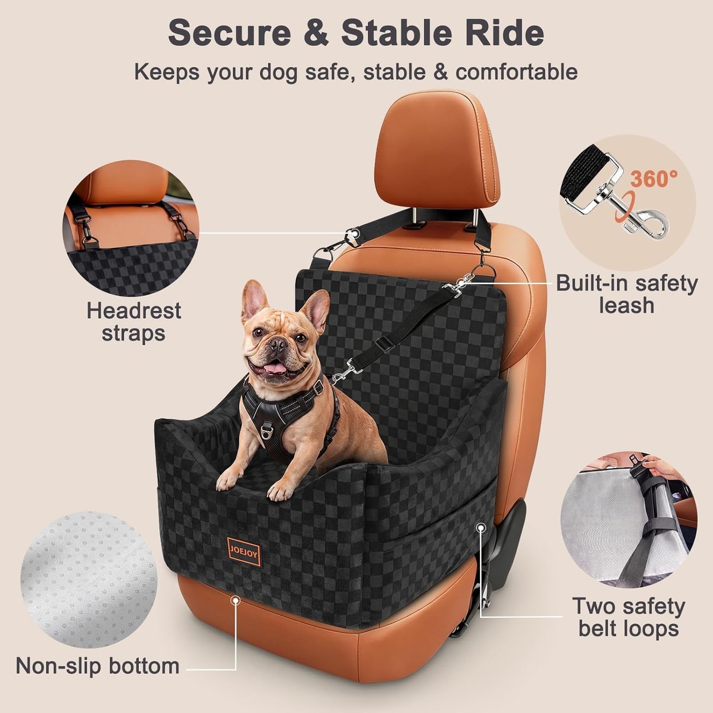 JOEJOY Elevated Dog Car Seat for Small/Medium Dogs up to 35 lbs, Memory Foam Booster Seat with Detachable Washable Cover, Travel-Safe Car Bed with Safety Belts & Storage Pockets, Grey
