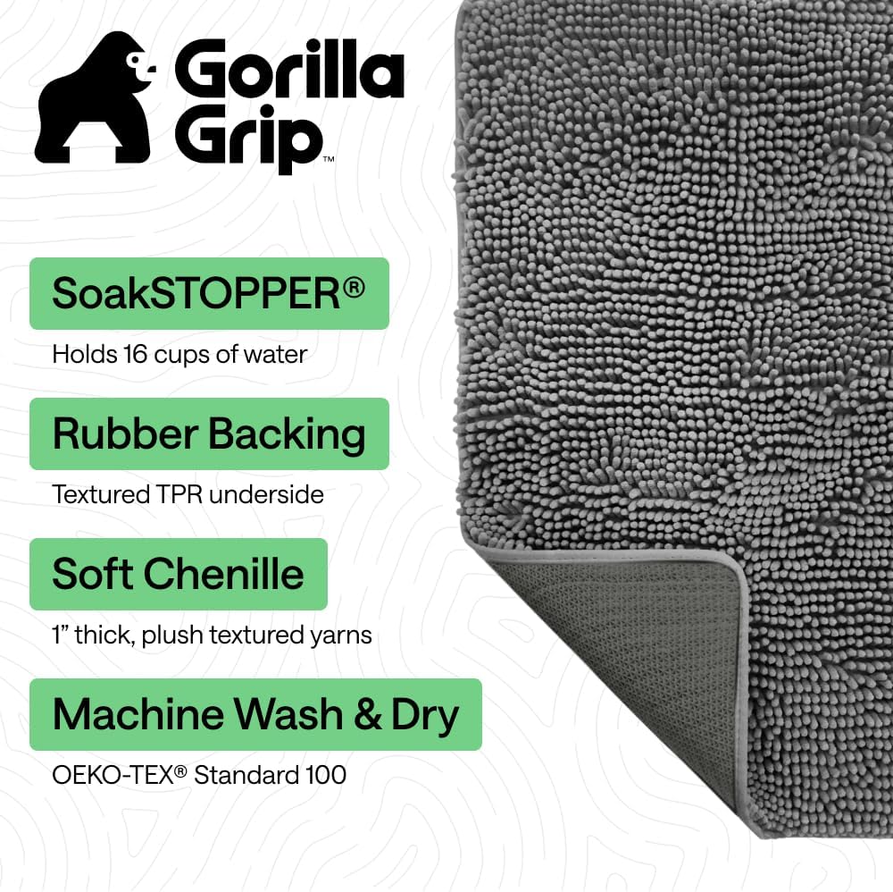GORILLA GRIP SoakSTOPPER Dog Door Mat, 30x20 Machine Washable Rug Absorbent Doormat Captures Moisture Mud Dirt, Quick Dry Soft Chenille Entryway Rugs Indoor Entrance Mats for Dog Paws, Paw Grey
