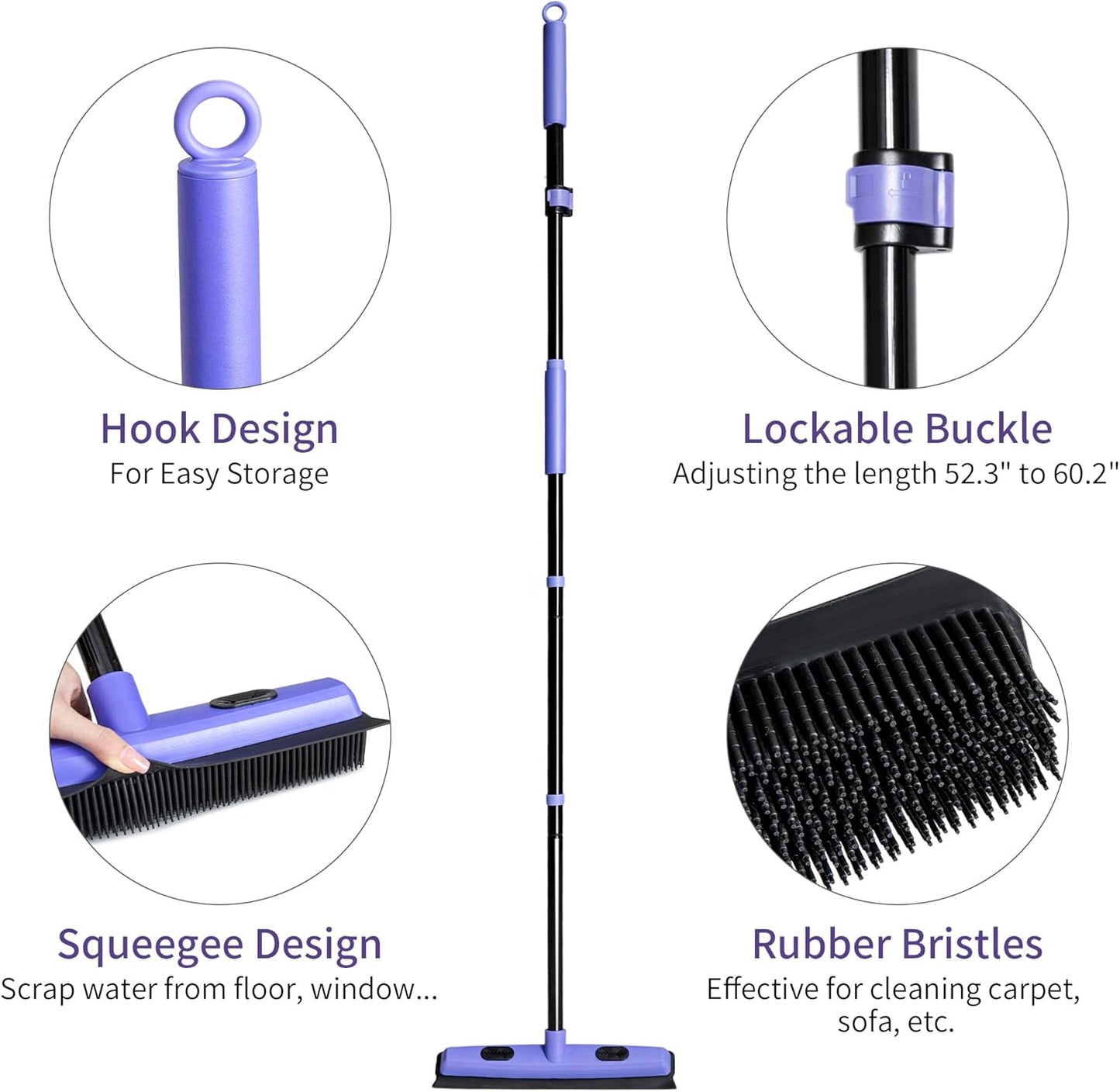 Carpet Brush for Pet Hair Remover, Rubber Broom for Pet Hair on Carpet with Telescoping 60.2 Inches Long Handle for Cleaning Fur Rug, Hardwood Floor, Tile, Window