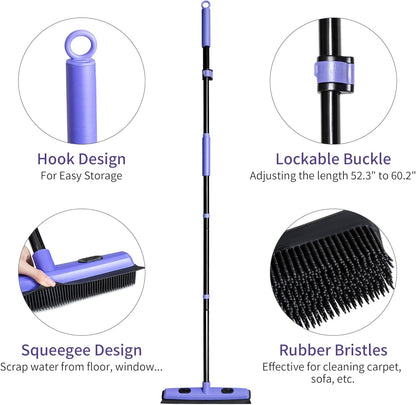 Carpet Brush for Pet Hair Remover, Rubber Broom for Pet Hair on Carpet with Telescoping 60.2 Inches Long Handle for Cleaning Fur Rug, Hardwood Floor, Tile, Window