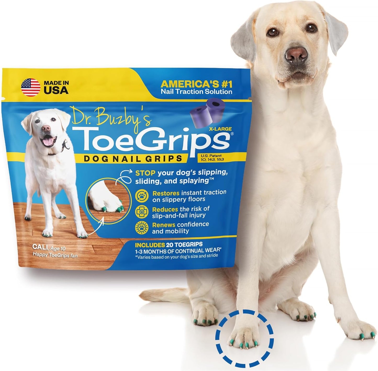 Dr Buzby's Large ToeGrips for Dogs - Instant Traction on Wood/Hardwood Floors - Anti Slip Relief - Grippers for Senior Dogs - Stop Sliding Instantly - Rubber Nails for Paws - 1 Pack (20 Grips)