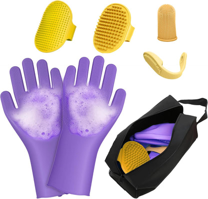 7PCS Dog Washing Gloves | Dog Bath Brush | Storage Bag | Dog Finger Toothbrush for Short & Long Haired Dogs & Cats | Efficient Deshedding Bathing & Massaging, Suitable for Pets (Sage Green)