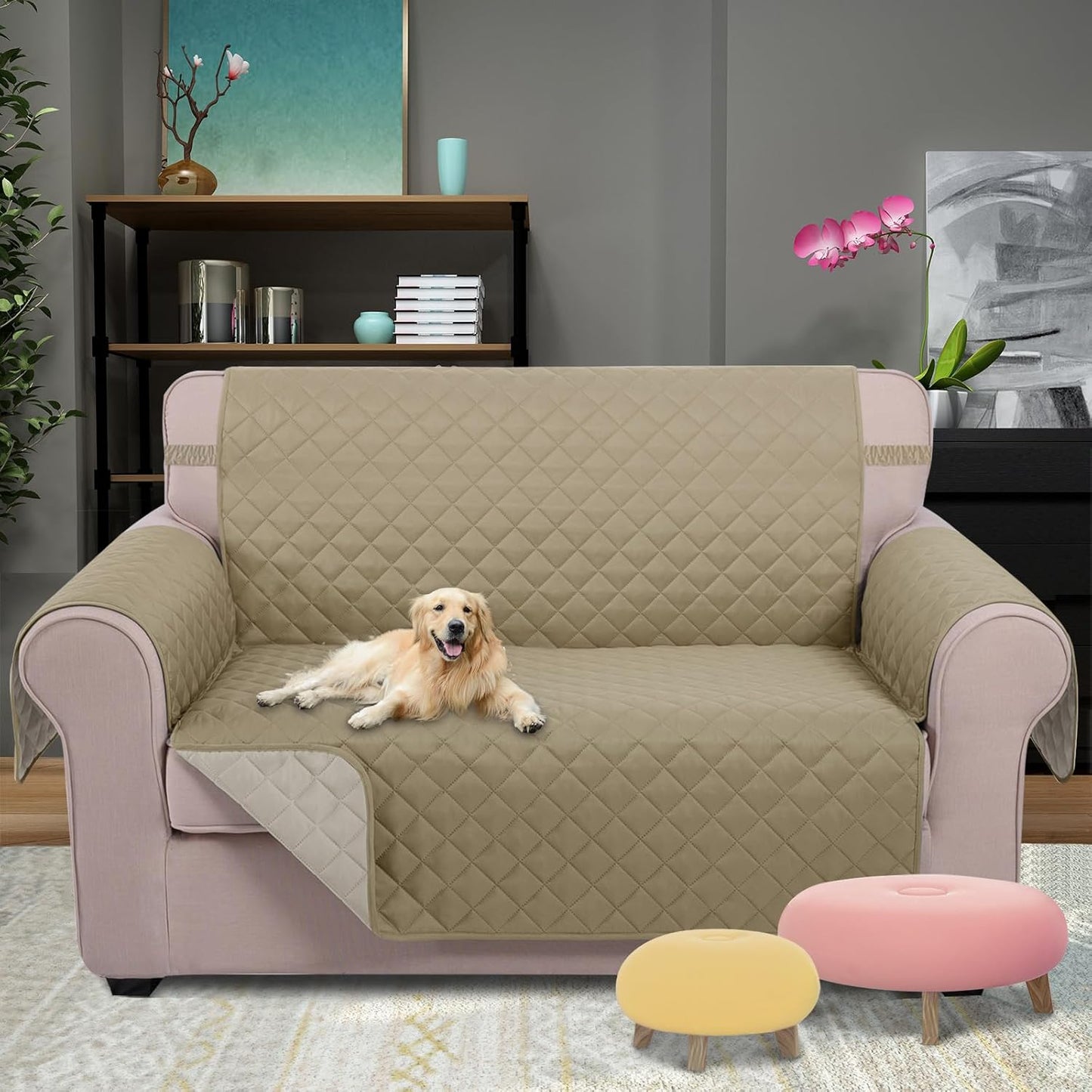 U-NICE HOME Reversible Sofa Cover Washable Couch Cover for Dogs Friendly with Elastic Straps Water Repellent Furniture Protector for 3 Cushion Couch (Sofa, Coffee/Beige) - Colors B
