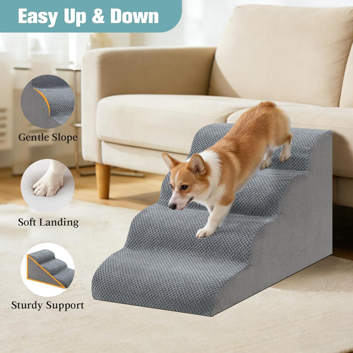 Dog Stairs for Small Dogs, 2-Step Dog Steps for Couch Sofa and Chairs, High-Density Foam Pet Steps Ramp with Removable Washable Cover for Older Injured Puppy Dogs and Cats, 11.81" H, Grey