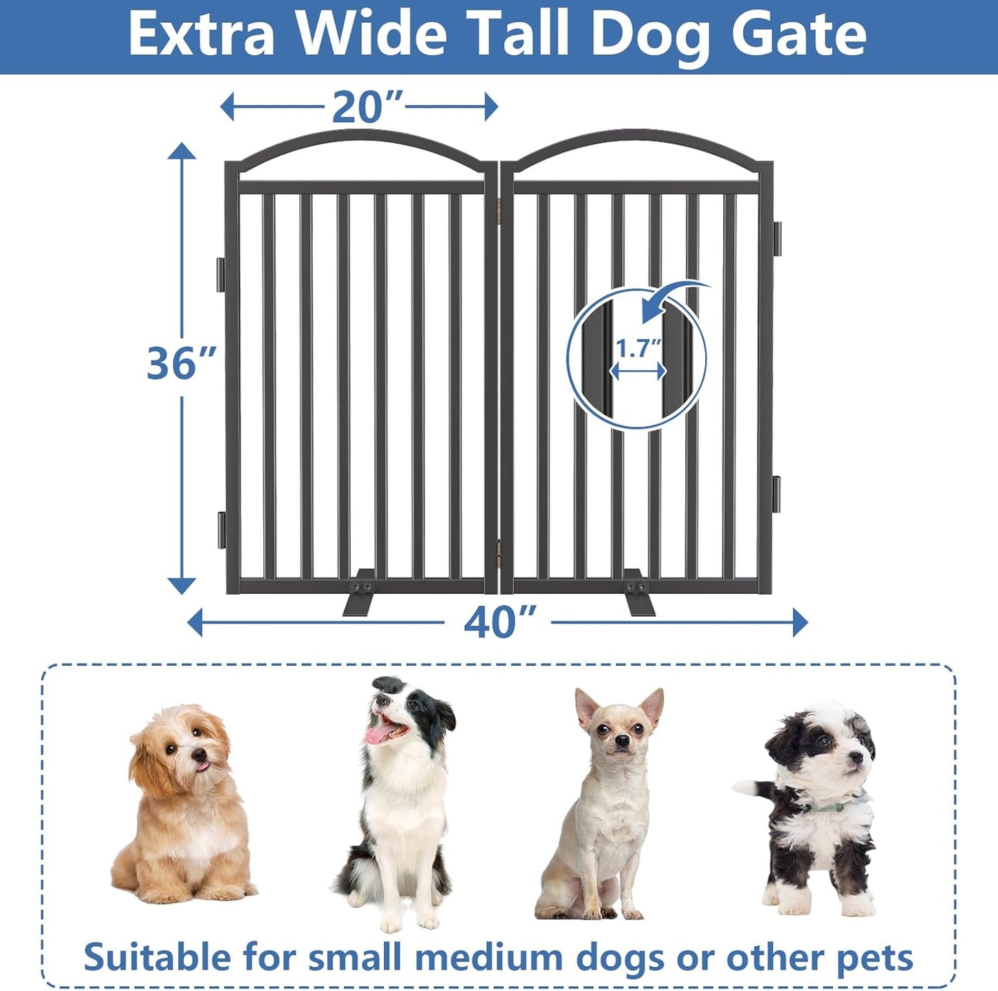 Malier Metal Freestanding Dog Gate, 32'' Height Outdoor Indoor Dog Fences, Extra Wide Foldable Puppy Gate for Stairs (Black, 【2 Panels】 40''W × 32''H)