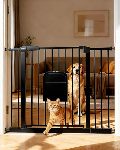 Pet Gate with Adjustable Cat Door, 31–46 Inch Pressure Mounted Dog Gate for Doorways, Stairs and Hallways, Auto Close Walk Through Metal Safety Gate, Easy Install, White