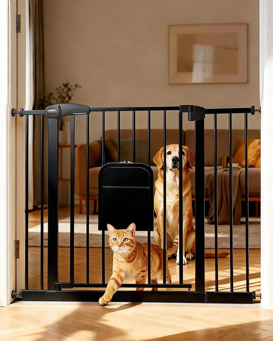 Pet Gate with Adjustable Cat Door, 31–46 Inch Pressure Mounted Dog Gate for Doorways, Stairs and Hallways, Auto Close Walk Through Metal Safety Gate, Easy Install, White