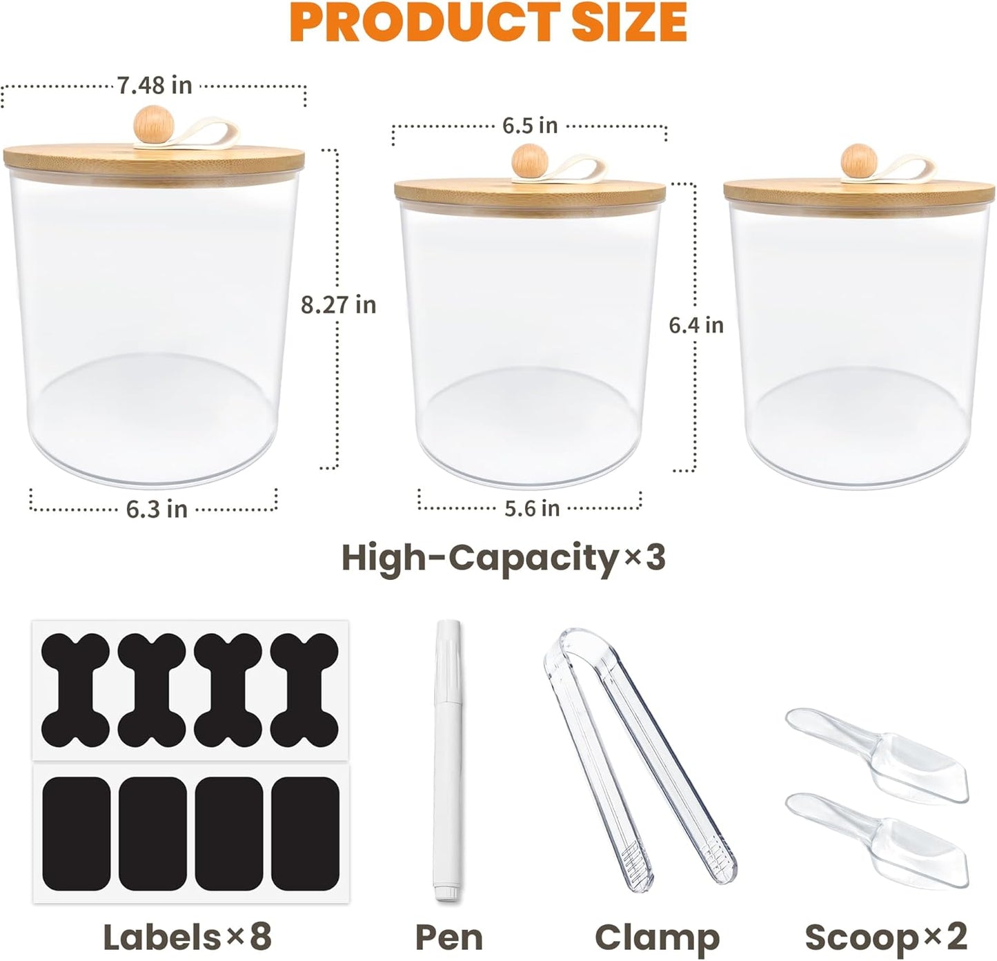HOYTAMDAR 3 Pack Airtight Dog Food Storage Container, Dog Treat Container Dog Food Container with Wood Lids 8x7''&6x5'',Pet Food Storage Container,Cat Food Containers with Scoops,Clamp,Labels,Pens