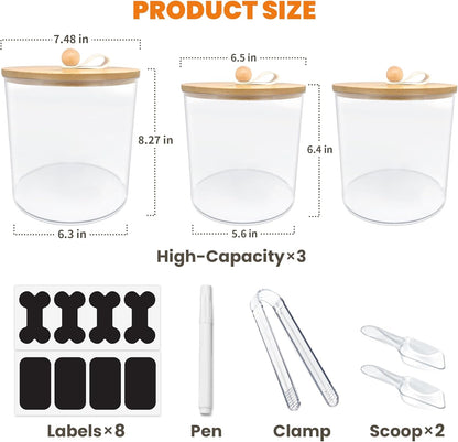 HOYTAMDAR 3 Pack Airtight Dog Food Storage Container, Dog Treat Container Dog Food Container with Wood Lids 8x7''&6x5'',Pet Food Storage Container,Cat Food Containers with Scoops,Clamp,Labels,Pens