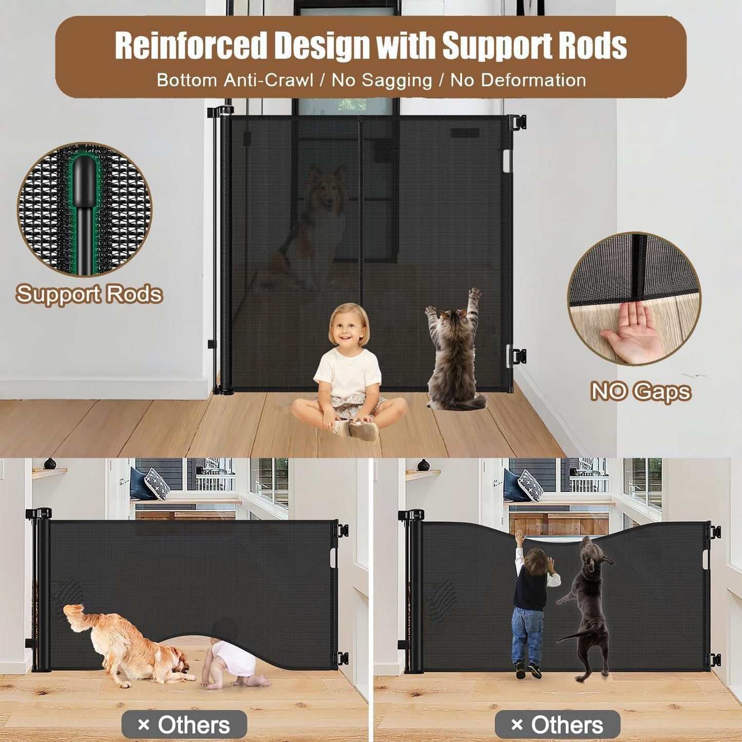 Reinforced 55" Extra Tall Pet Gate for Doorway - No Jumping Over, 55" Wide Retractable Baby Gates with Support Rods - No Crawling Under, Climb Proof Cat Gate for Stairs Tall Retractable Dog Gate/Black