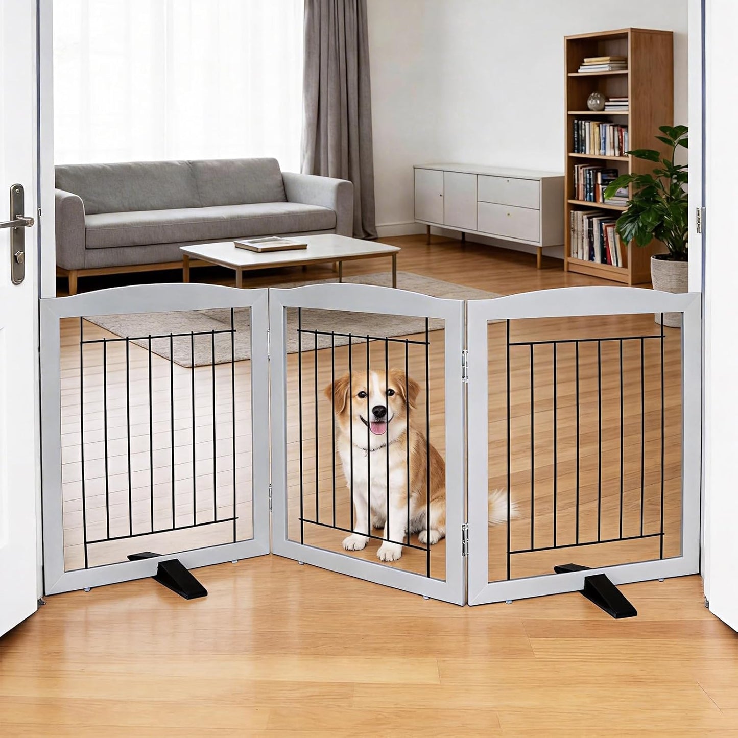 ZJSF Freestanding Dog Fence Indoor, Foldable Dog Gate for Doorways, Stairs or Hallways, Sturdy Wood Extra Wide Pet Gate with Support Feet for The House, White, 24 "Height-3 Panels