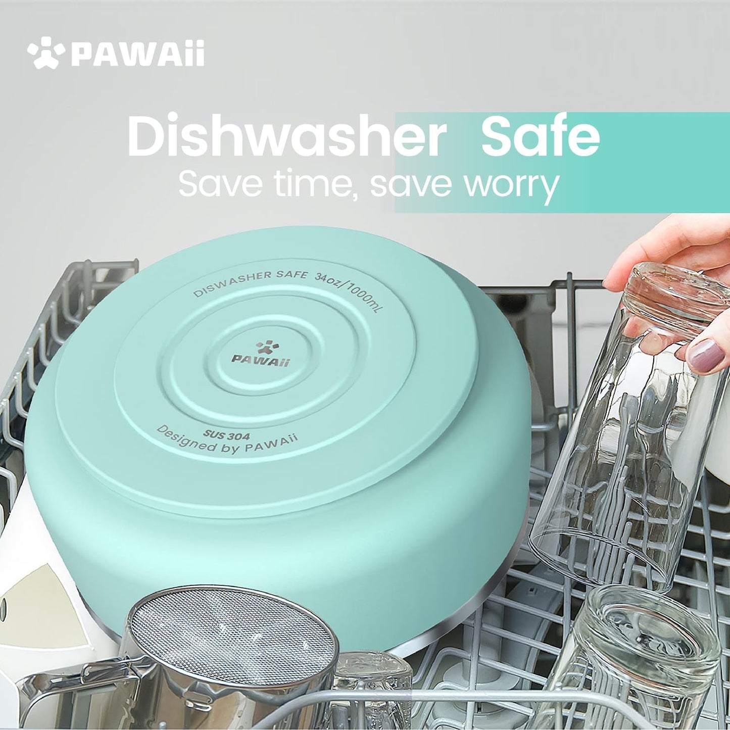 Pawaii Dog Bowl, 34 oz Double-Wall Stainless Steel Food and Water Bowl, Non-Slip Rubber Base, Dishwasher Safe, ID Tag Included, (1 Pack)